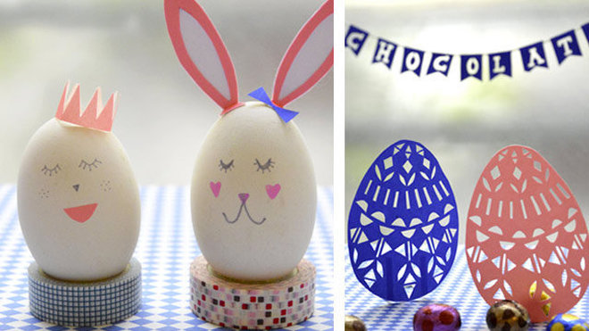 2 vrais œufs trop mignons avec leurs oreilles de lapin et deux oeufs en papier découpé.