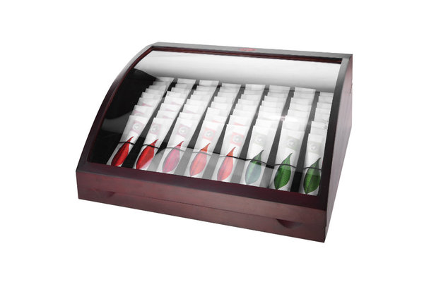 Les professionnels ainsi que les particuliers séduits par cet élégant mode de rangement apprécieront la boîte de thé Bistrotea pouvant contenir jusqu’à 64 sticks.