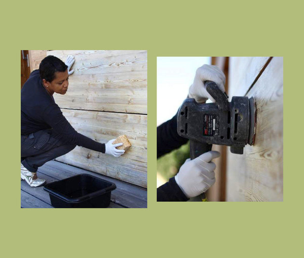 Etape 1 : Nettoyez la façade en bois à l’aide d’une éponge humide, puis poncez dans le sens des fibres du bois. Le bois doit être propre et nu.