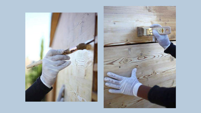 Etape 5 : Commencez à appliquer la première couche d’imprégnant en passant un pinceau à rechampir (à bout rond et pointu) entre les lattes de bois. Puis, avec un pinceau plat assez large, appliquez l’imprégnant sur les lattes de bois. Etape 5 : Commencez à appliquer la première couche d’imprégnant en passant un pinceau à rechampir (à bout rond et pointu) entre les lattes de bois. Puis, avec un pinceau plat assez large, appliquez l’imprégnant sur les lattes de bois.