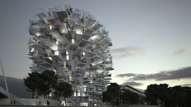 L’Arbre Blanc, plus haute « folie » du programme architectural montpelliérain est un point culminant dans la ville, une sorte de repère urbain qui, la nuit tombée, devient phare ou étoile, dans la skyline de la métropole régionale.