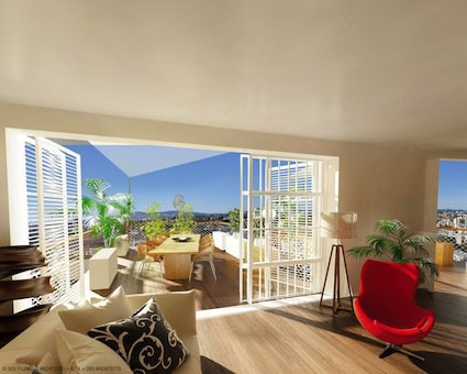 L’espace permet de vivre dedans et dehors, entre salon et balcon. Les espaces extérieurs, très généreux, sont voués à devenir des lieux de vie à part entière.