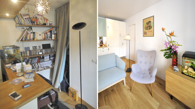 Avant/après. Un espace clarifié sans recoin désordonné et des placards intégrés à la place d’étagères ouvertes et d’un renfoncement caché par un rideau.