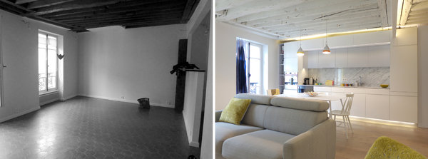 Avant-après : Mise en évidence du déplacement de la cuisine pour capturer la lumière naturelle.
