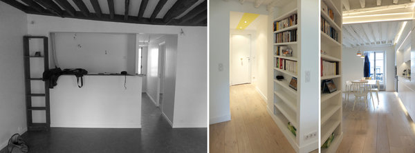 Avant-après : Remodelage du couloir de l’entrée dotée d’une bibliothèque avec rayonnages ouverts sur une longueur de 80 cm.
