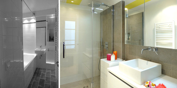 Avant-après : Remplacement de la baignoire par une douche à l’italienne avec intégration de rangements.