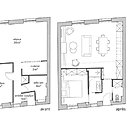 St Germain, plans avant et après travaux. La surface de la chambre a été réduite au profit de la pièce principale. La cuisine a été déplacée et des WC séparés indépendants de la salle de bains ont été créés.