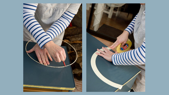 Etape 5 : Pour personnaliser davantage votre meuble, créez des formes arrondies à l’aide d’un cerceau et d’un ruban de masquage spécial courbe. Etape 5 : Pour personnaliser davantage votre meuble, créez des formes arrondies à l’aide d’un cerceau et d’un ruban de masquage spécial courbe.