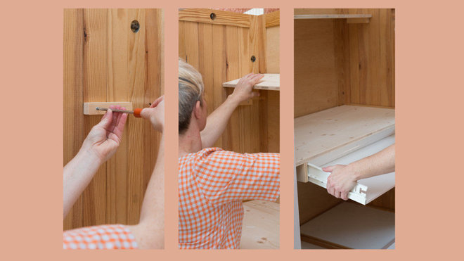 Etape 7 : Installez le plateau, l’étagère et le tiroir coulissant destiné au clavier de l’ordinateur à l’intérieur de l’armoire.