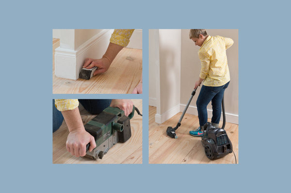 Etape 1 : Préparez le parquet en le ponçant dans les coins de la pièce avec un papier de verre grain 240. Poncez le reste de la pièce avec une ponceuse. Puis passez l’aspirateur pour enlever toute la poussière.