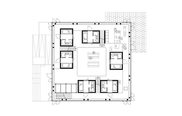 Plan du premier niveau de  Cubity  regroupant 6 chambres individuelles, un espace de rencontre et une cuisine collective.
