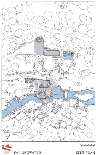 Fallingwater House: plan du site et de l'implantation de la maison sur la cascade.