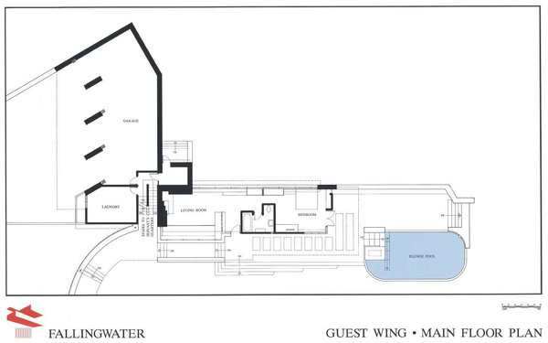Fallingwater House plan de l'aile des invités avec la piscine et les garages et zones techniques.