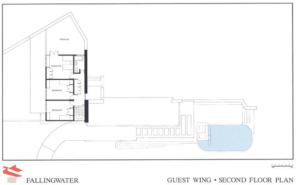 Fallingwater House plan de l'étage de l'aile destinée aux chambres d'invités.