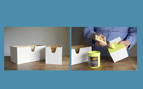 Pour les petites boîtes : au préalable, veillez à bien appliquer l’enduit de préparation. Puis, toujours à l’aide d’un pinceau plat, peignez chacune des petites boîtes dans un coloris différent, c’est à vous de choisir : Bleu pétrole, Bleu délavé, Blanc albâtre, Vert à soie, Vert camouflage, Vert pop…