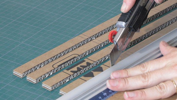Etape 6 : Pour chaque branche, découpez 2 rectangles de carton identiques. Commencez par découper des rectangles de 10 cm de long et 2,5 cm de large.