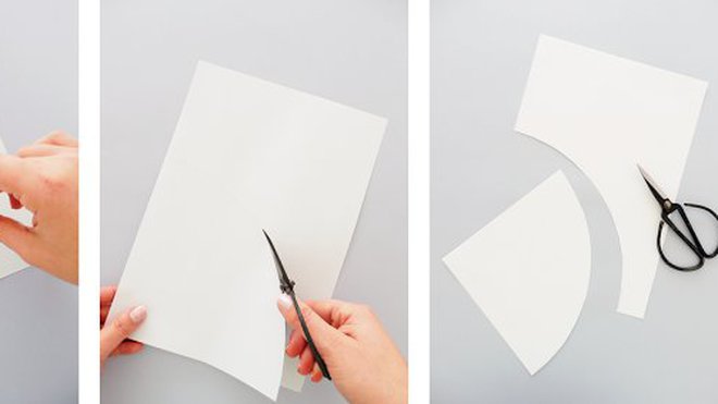 Tracez au compas 1/4 de cercle dans un angle de la feuille. Découpez et mettez de côté la chute pour la confection de cônes plus petits.