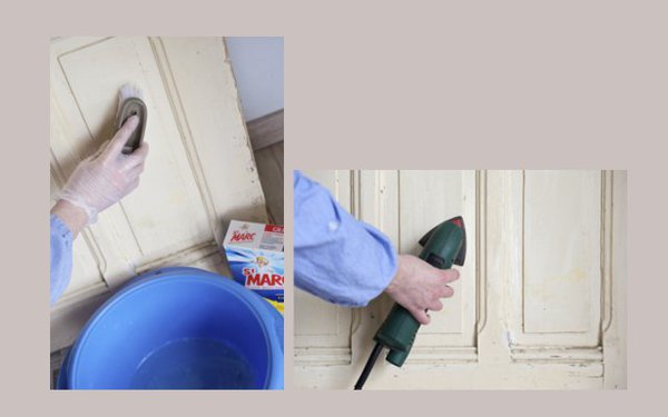 Etape 1 : commencez par lessiver les portes anciennes à l’aide d’une éponge naturelle et d’un peu de lessive Saint-Marc, diluée dans une bassine d’eau tiède. Poncez-les ensuite intégralement et uniformément, pour que l’enduit de préparation, puis la peinture puissent adhérer au mieux.