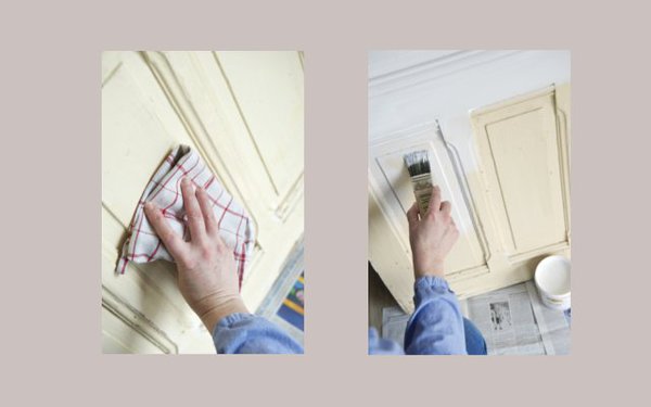 Etape 2 : à l’aide d’un chiffon en coton sec, dépoussiérez l’ensemble de la surface des portes. Appliquez ensuite l’enduit de préparation bois à la brosse badigeon, sur l’ensemble des portes.