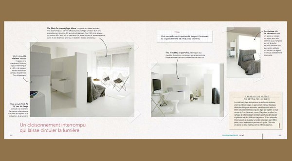 Des cloisons à mi-hauteur qui se confondent avec les murs et des meubles caméléons pour un espace qui joue l’effet blanc en presque total look.
