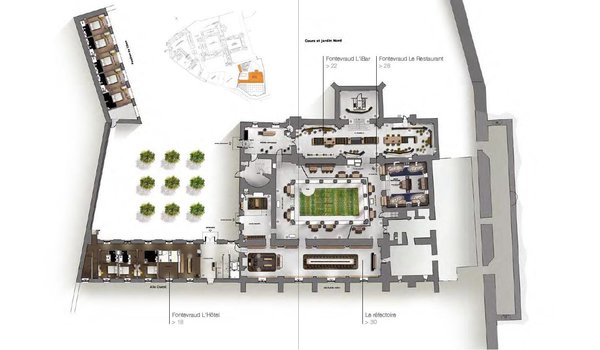 Plan général de l’Abbaye de Fontevraud, du cloître, des cours et jardins.