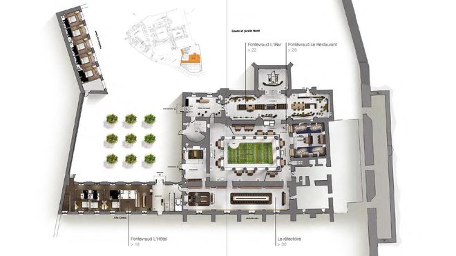 Plan général de l’Abbaye de Fontevraud, du cloître, des cours et jardins.