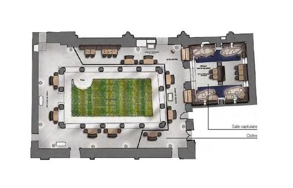 Plan du restaurant qui s’organise autour du cloître.