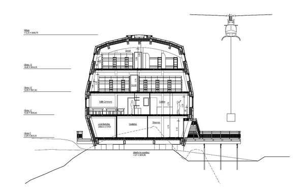Plan Refuge du Goûter : plan de coupe latéral.