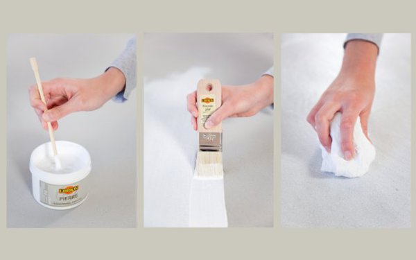 Etape 5 : Vous pouvez maintenant mélanger la finition blanchie « Pierre », à l’aide de la baguette en bois et l’appliquer, au pinceau, sur toute la surface de votre plan de travail. Et essuyez l’excès avec un chiffon sec.