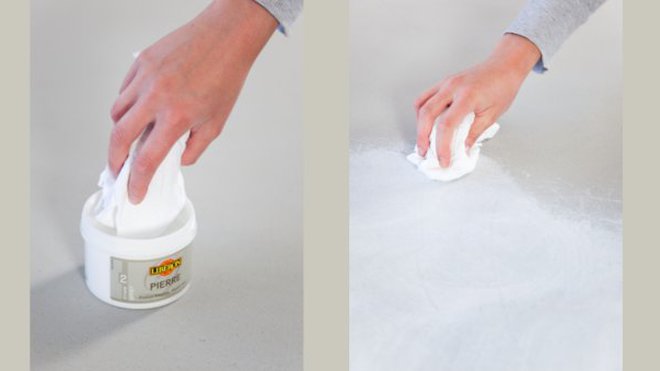 Etape 5 BIS : Sachez qu’il est également possible d’appliquer la finition avec un chiffon en coton, pour un effet nuagé.