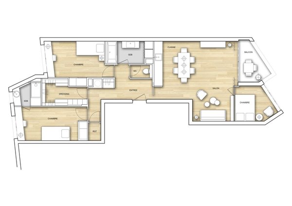 Après l'intervention d'd’Anne-Catherine Pierrey, un parquet unifie les espaces et le plan entièrement  repensé s'avère totalement adapté à une famille avec deux grands enfants.