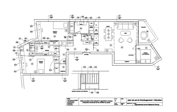 Plan après : entre les deux chambres des enfants, une nouvelle salle de douche et un dressing à la place de la cuisine. La chambre d’Anne-Catherine a pris place dans l’angle l’ancienne salle à manger derrière une cloison partiellement vitrée.