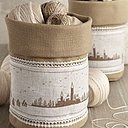 L'Arsenal rebrodé sur bande à broder sur pochons de lin pour accueillir cotons perlés et Mouliné