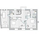 Plan niveau 1 : Le territoire des enfants avec deux chambres accompagnées de leur salle de bains personnelle et un bureau qui se transforme à l’occasion en chambre d’amis.