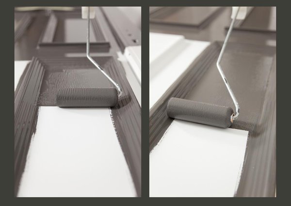 Etape 7 : terminer la première couche au rouleau sur les zones plates pour uniformiser la pose de la peinture, puis laisser sécher 6 heures minimum.