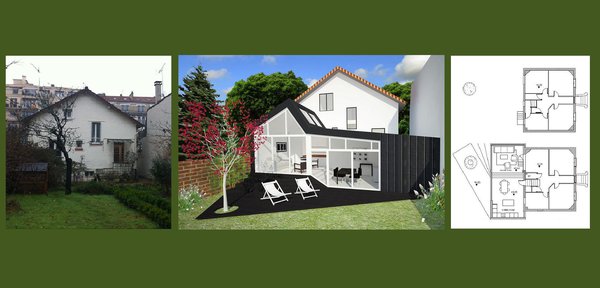 Les trois phases d’un projet d’extension de maison : l’existant, la future maison en 3D et la proposition de plan de l’architecte Francesca De Marchi pour www.nimarchitecture.fr