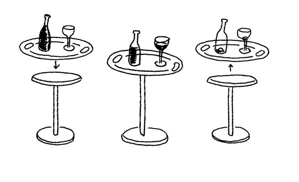 Dessin de Op-là, table et plateau, mettant en évidence son sens pratique.