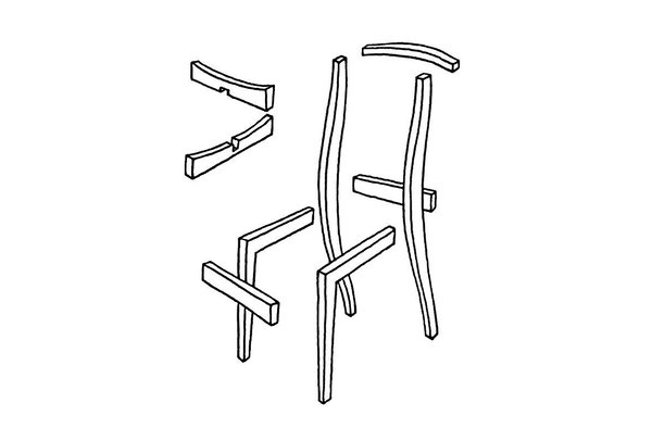 Composé d’éléments qui se démontent facilement, comme un kit, la chaise Polywood permet un stockage et un transport facile. Croquis  du modèle édité par Vitra, en 1998.
