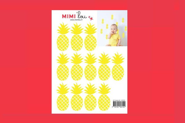Un lot de 12 ananas sous forme de stickers. 26 x 19 cm. 12 €. Sticker Just a touch Pineapple. Mimi'Lou.