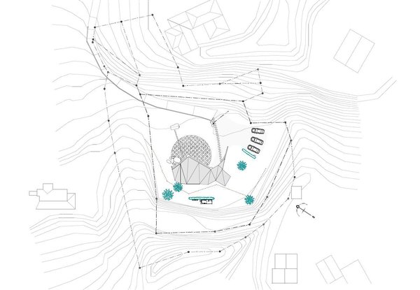 Plan de la villa Escargot : perchée sur une colline et un terrain de 1860 m², la façade principale est orientée est ouest, face à la mer.