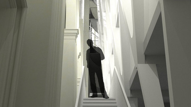 La faille de l’Artothèque en dit autant sur l’édifice ancien que sur la fonction nouvelle, révélant autant l’espace originel que la succession des étages fermés, contenant les milliers d’objets, dont quelques échantillons sont présentés au rez-de-chaussée. Réalisation de l’AM Gigogne/ L’Escaut.