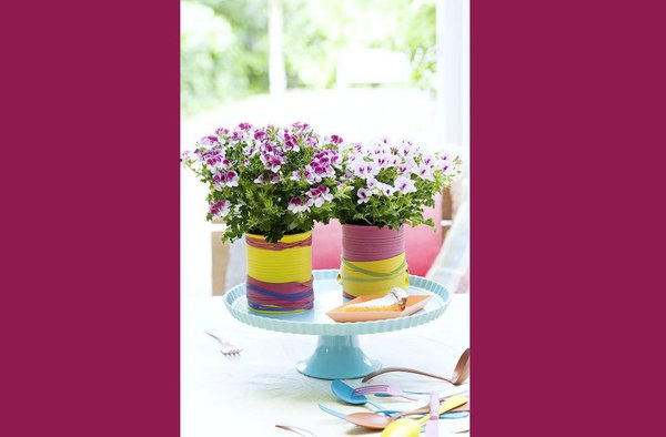 Le pelargonium, plante Happy Life, nous expose la beauté de ses six pétales colorés. Idée déco : décorer le pot de votre fleur avec des couleurs vives et des matières brutes et déstructurées pour encore plus de fun !