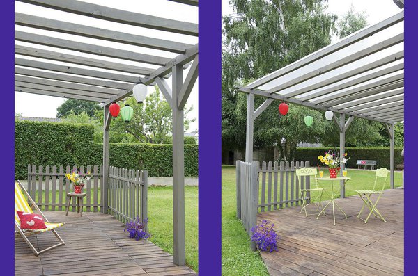 Après : la pergola reprend vie, et le bois semble uniforme et sain. Les produits V33 permettent d’apporter tous les soins nécessaires au bois, avec une efficacité durable dans le temps.