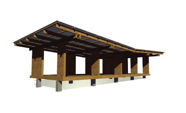 Montage constructif 2 : le solivage bois du plancher supporte un platelage en dalle d'OSB (destiné à recevoir un plancher chêne). La toiture débordante est en bac acier anthracite.