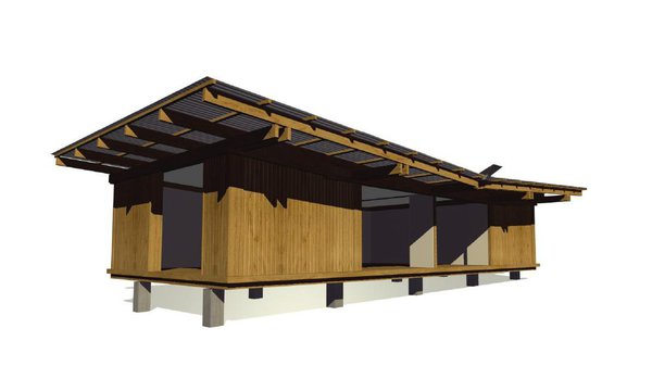 Montage constructif 3 : le bardage est en mélèze de Russie, et les menuiseries en mélèze d'origine française.