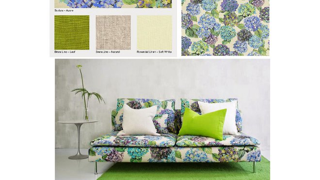 Le tissu aux motifs floraux d’hortensias d’inspiration anglaise, conçu par Tricia Guild. Un motif coloré, lavable en machine, et 100% coton.