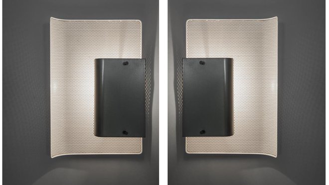 Applique 224, composée de deux feuilles en métal dont l’une perforée laisse passer la lumière à travers une sorte de filtre. Création de Jacques Biny.