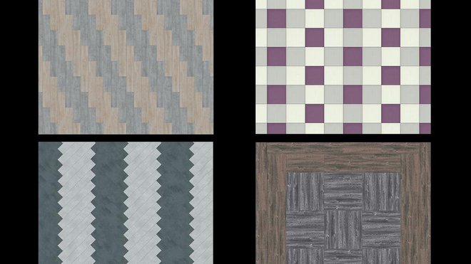 Les motifs d’inspiration Edition Limitée. Les 4 concepts sont représentés de haut en bas : scandinave, industriel, moderne et luxe. Les calepinages sont disponibles en deux-temps, en vagues, en damier, et en carré.