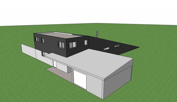 Derrière le dessin original du plan d’une maison, souvent des contraintes à respecter comme celles du terrain. Ici, le plan masse d’une maison composée de deux volumes en L qui s’imbriquent avec une toiture terrasse. La hauteur totale respecte les 6 mètres maximum réclamée par la réglementation. Sa géométrisation particulière cache aussi une rationalisation des coûts. Réalisation de l’architecte DPLG, Mickaël Tanguy (www.tanguy-architecte.com).