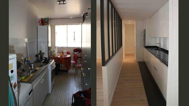 L’ancienne cuisine, sans unité, où l’on ne pouvait pas dîner a retrouvé une place de choix dans le couloir qui conserve sa fonction de circulation. A gauche, il débouche sur le coin repas et permet d’accéder à la partie nuit de l’appartement.